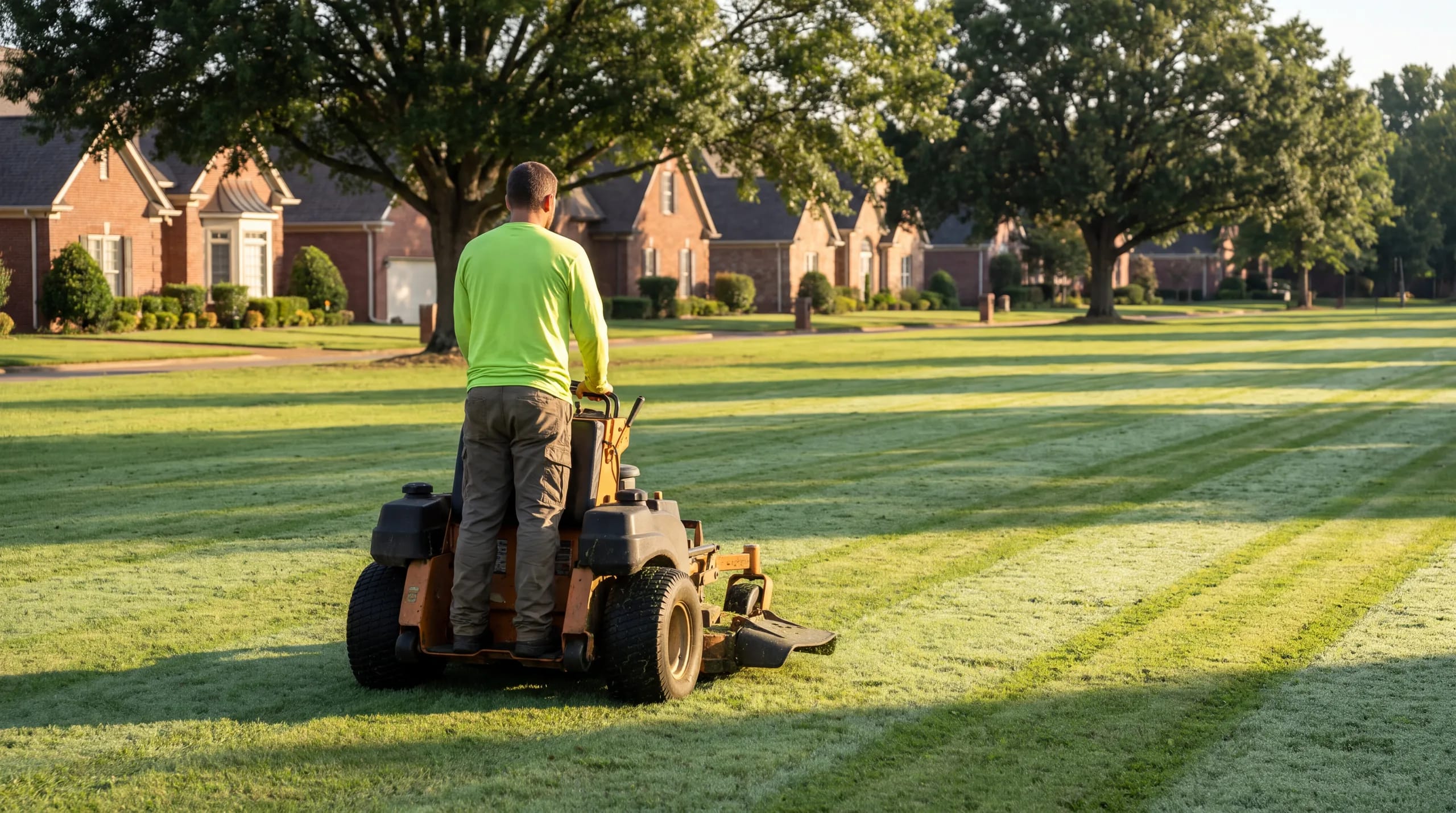 A landscaper in hi-vis green on a stand-on mower cuts clean stripes across a dewy common lawn at golden hour, brick homes and mature oaks behind.