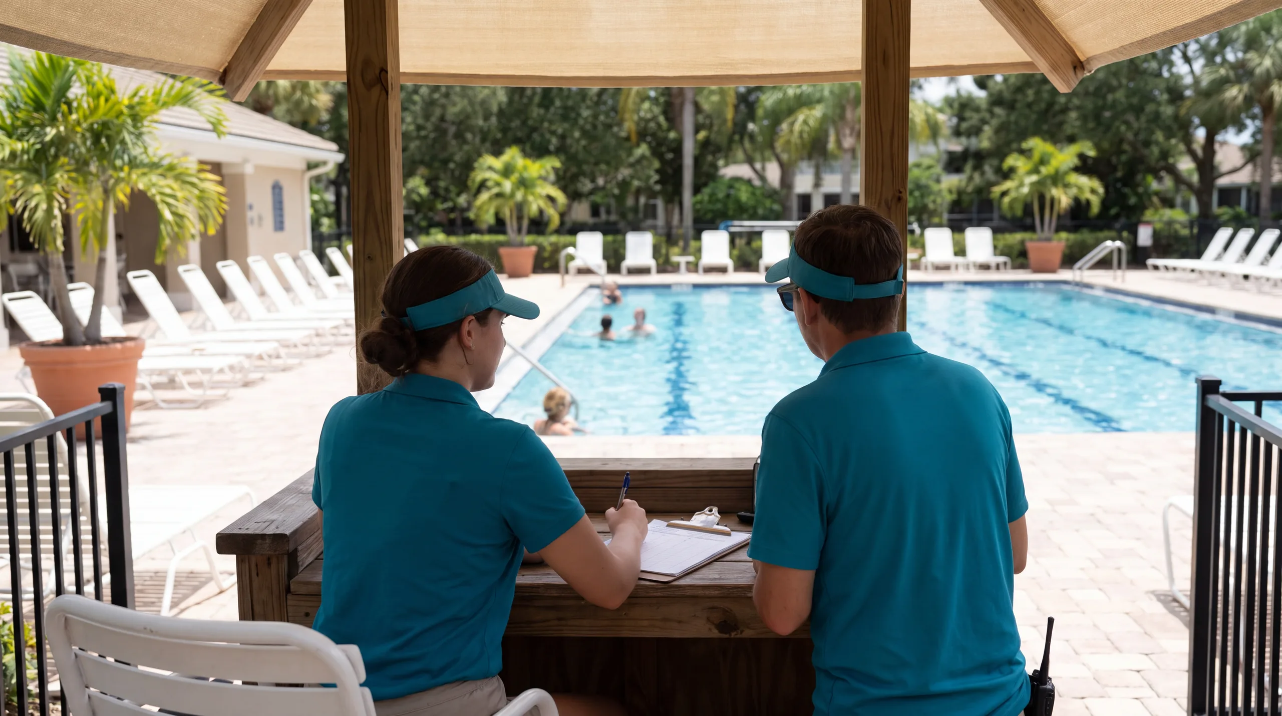 Two pool monitors in teal polos and visors sit at a shaded wooden station by a community pool, one writing on a clipboard, swimmers and white loungers in front of them.