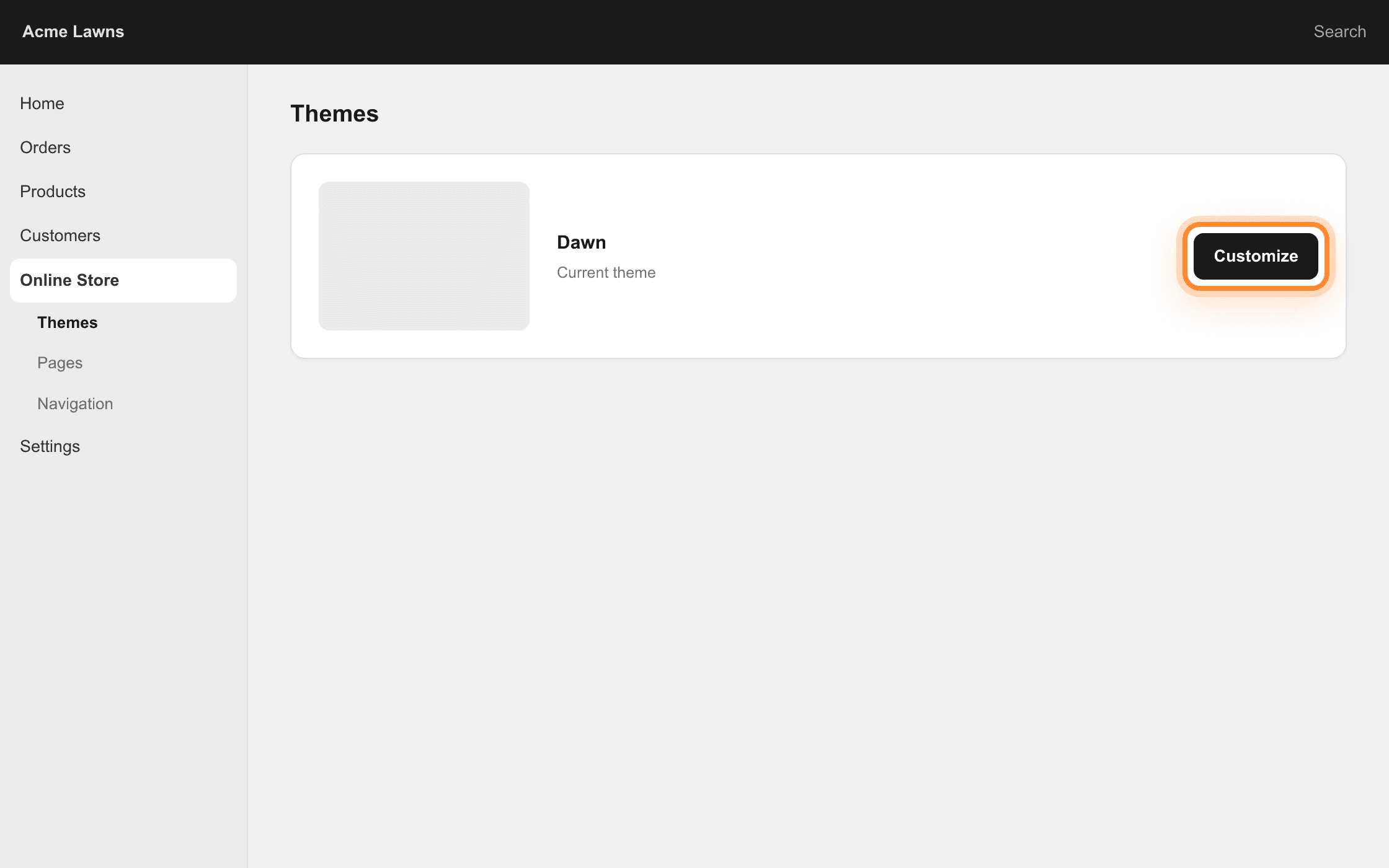 The Shopify Themes page with the Customize button on the current theme ringed.
