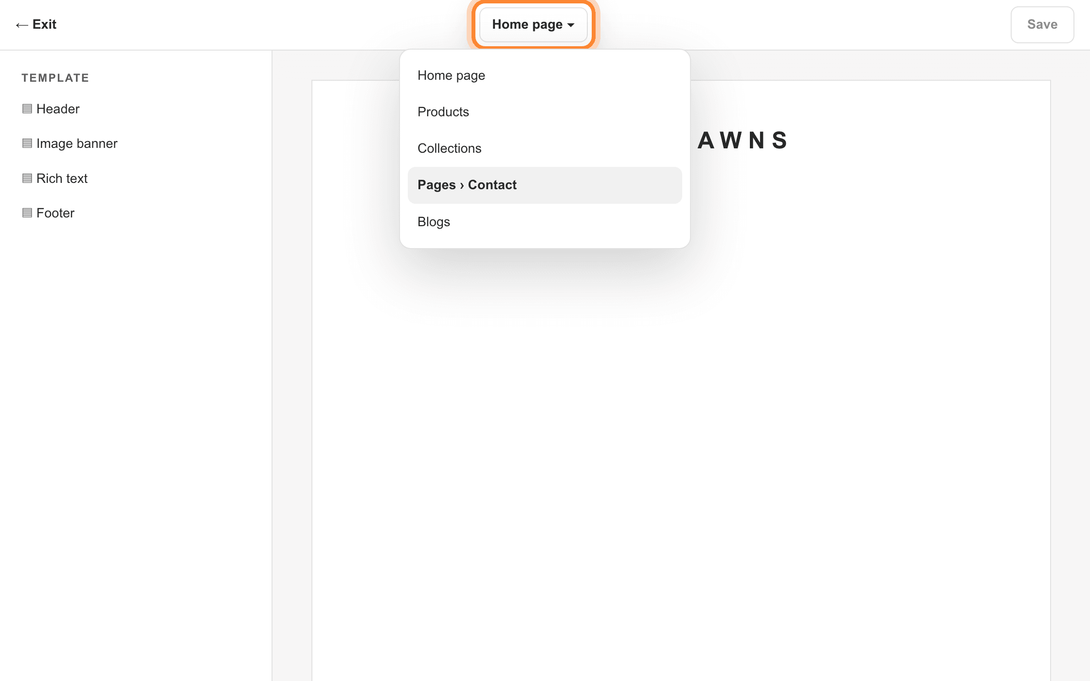 The customizer page selector open, showing Pages and Contact, with the selector at the top ringed.