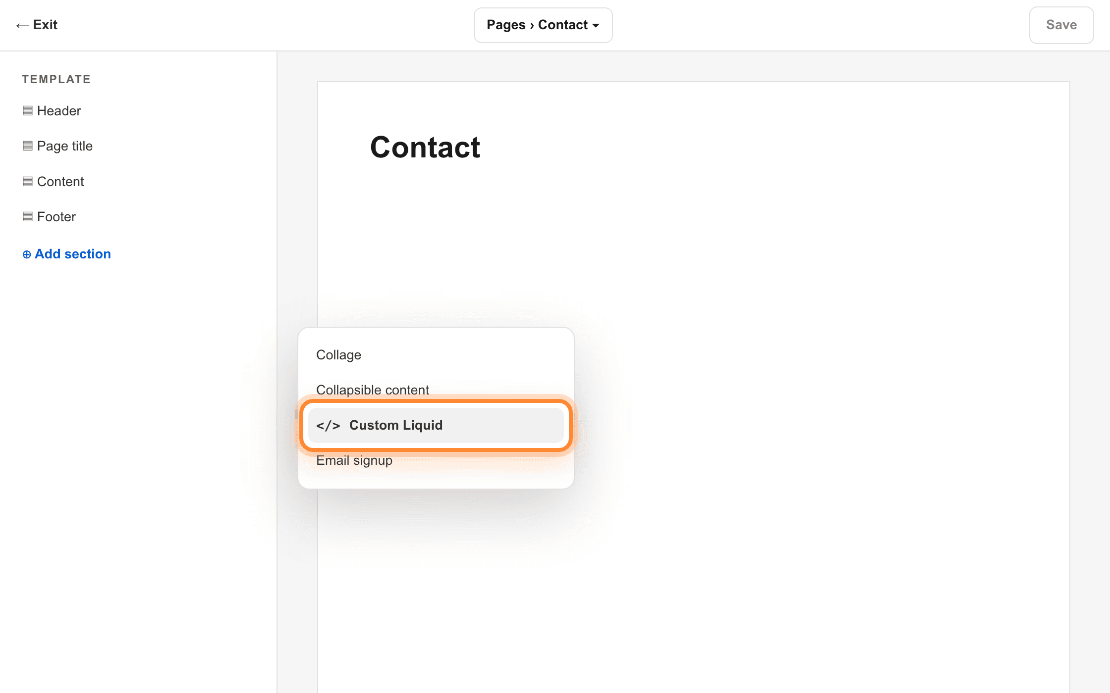The Add section list open with Custom Liquid ringed.