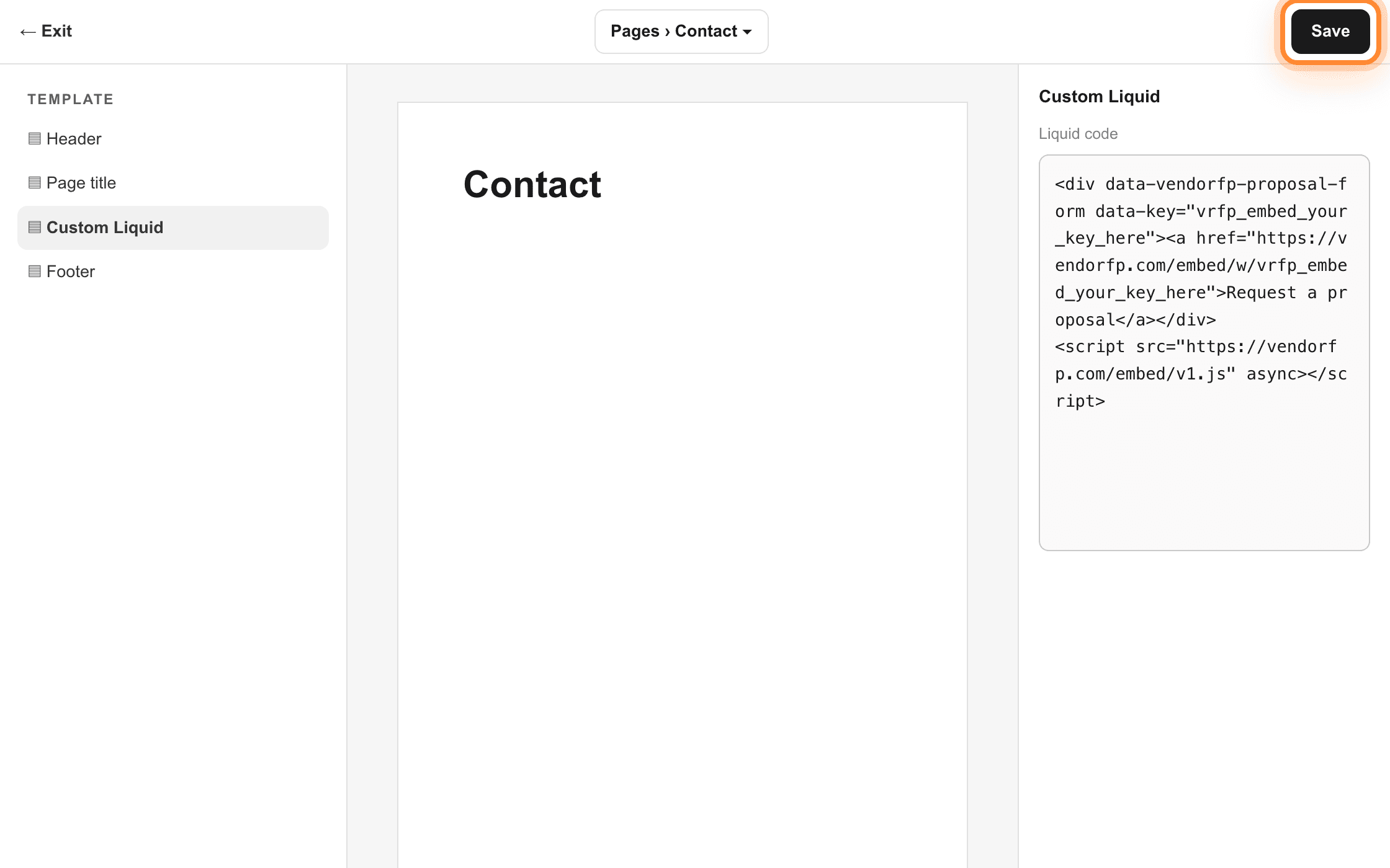 The Custom Liquid section selected, the snippet pasted into the Liquid code box on the right, and Save ringed at the top right.