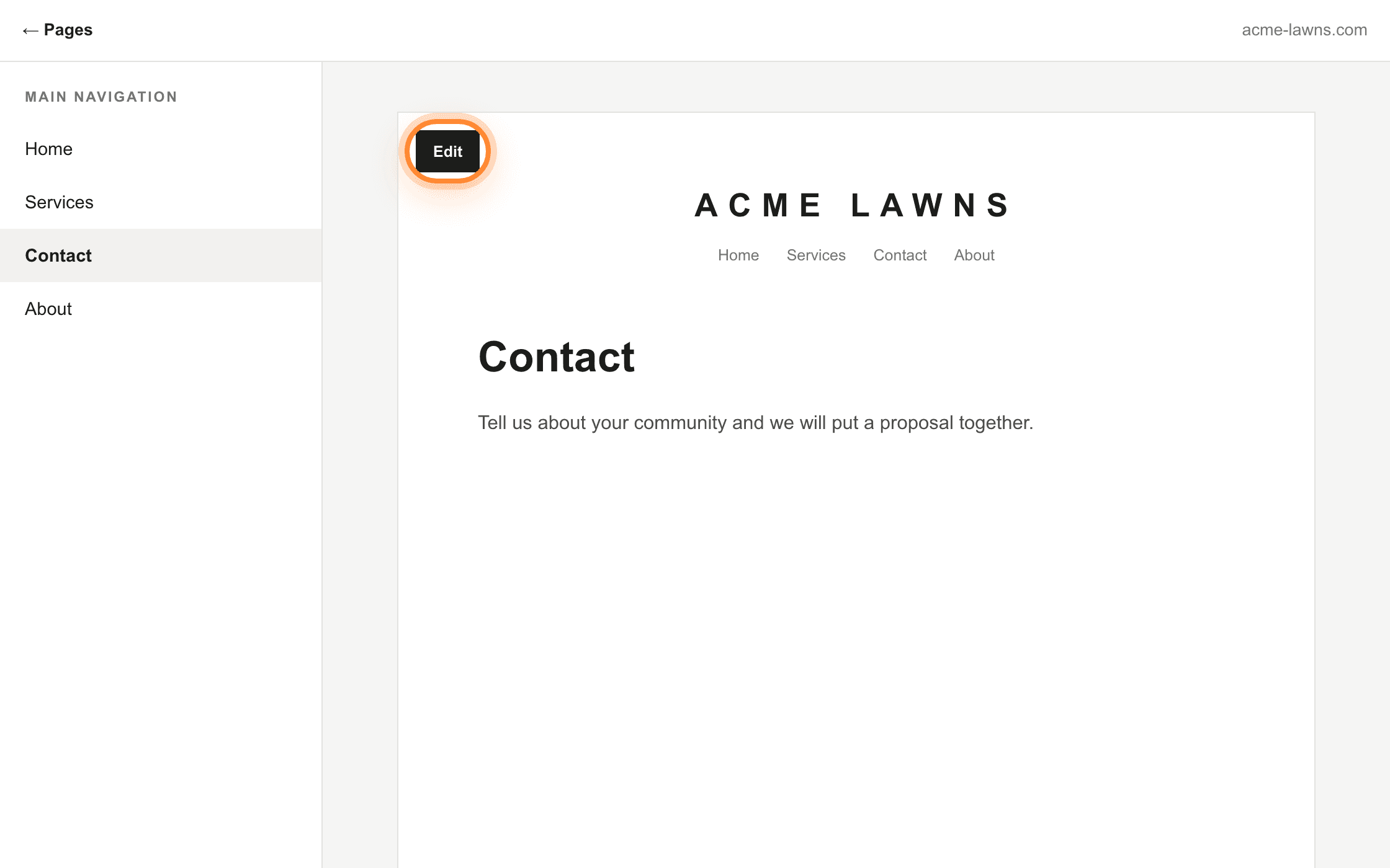 A Squarespace page with the Edit button ringed at the top left of the page preview.