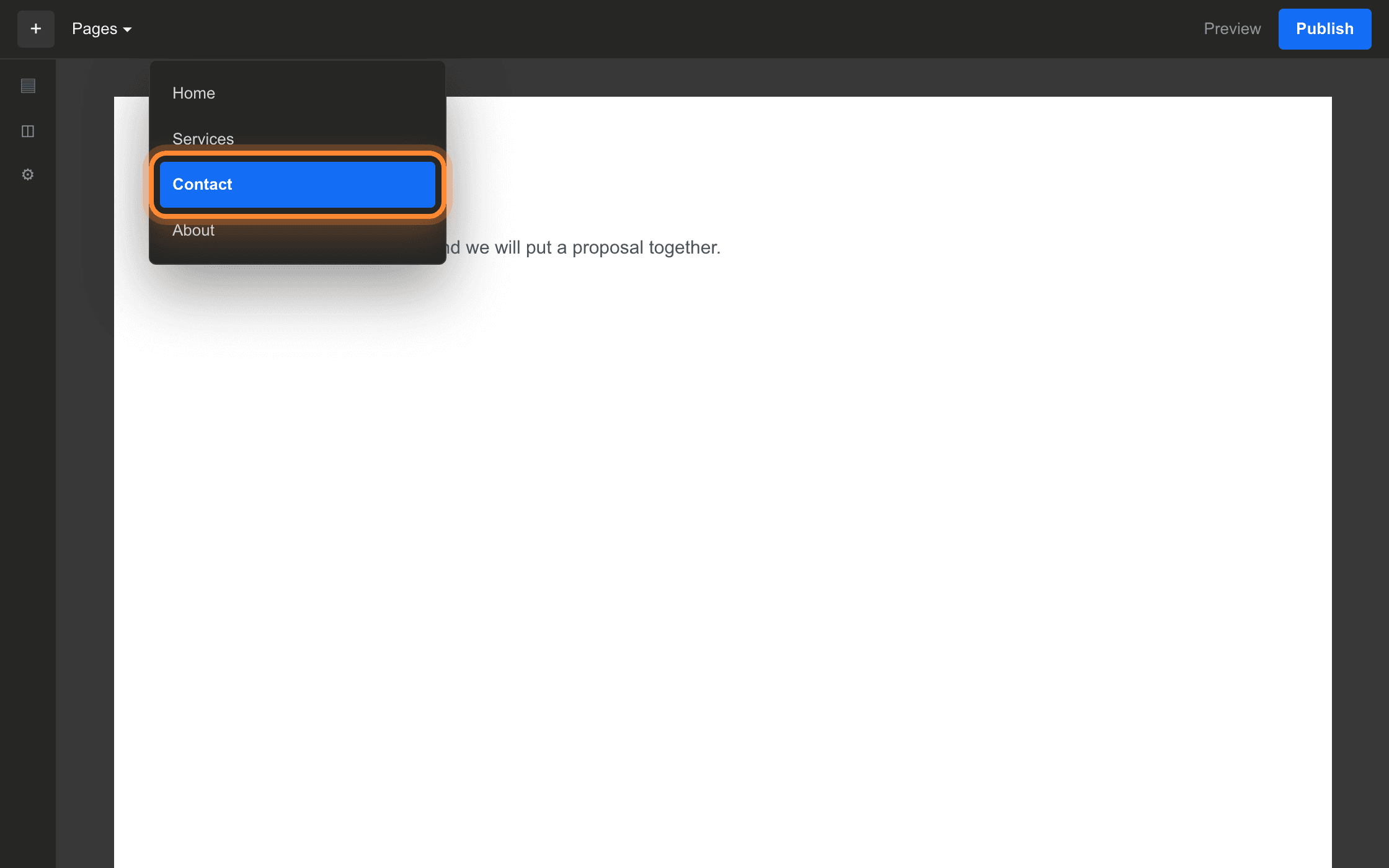 The Webflow Designer with the Pages menu open and the Contact page ringed.