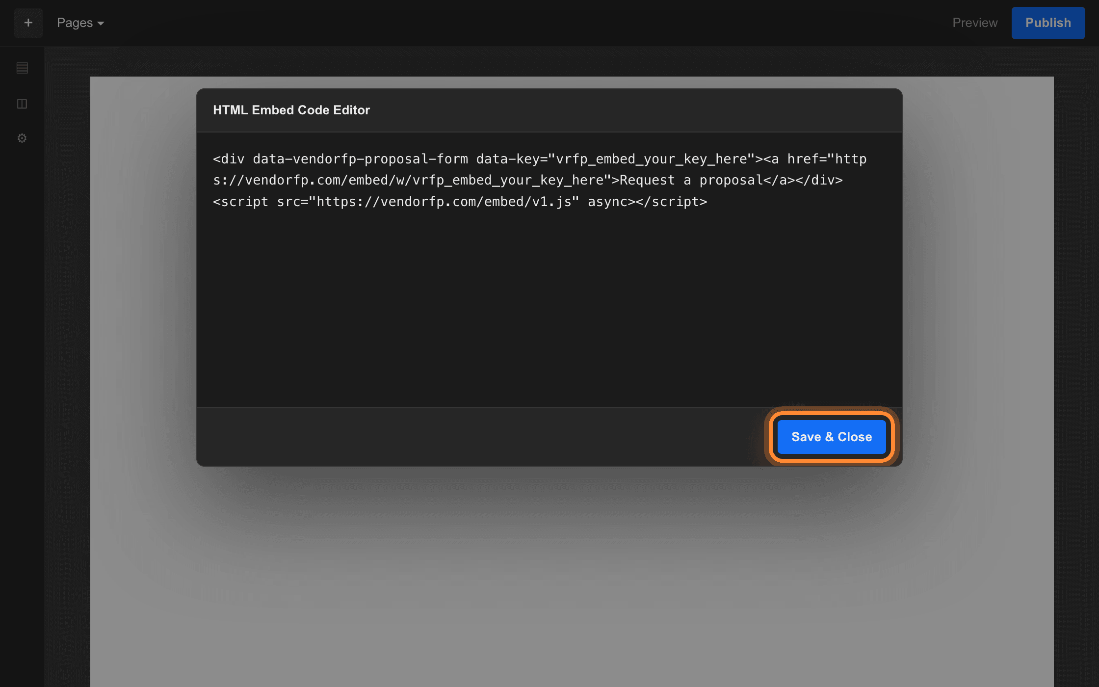 The Webflow HTML embed code editor holding the snippet, with Save and Close ringed at the bottom right.