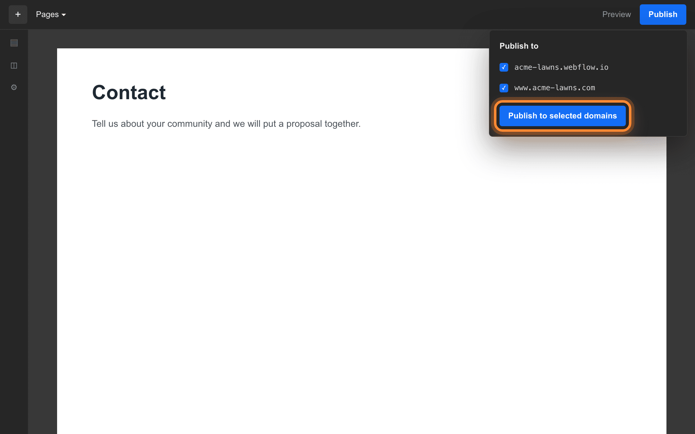 The Webflow publish menu listing the webflow.io address and the custom domain, both ticked, with the publish button ringed.