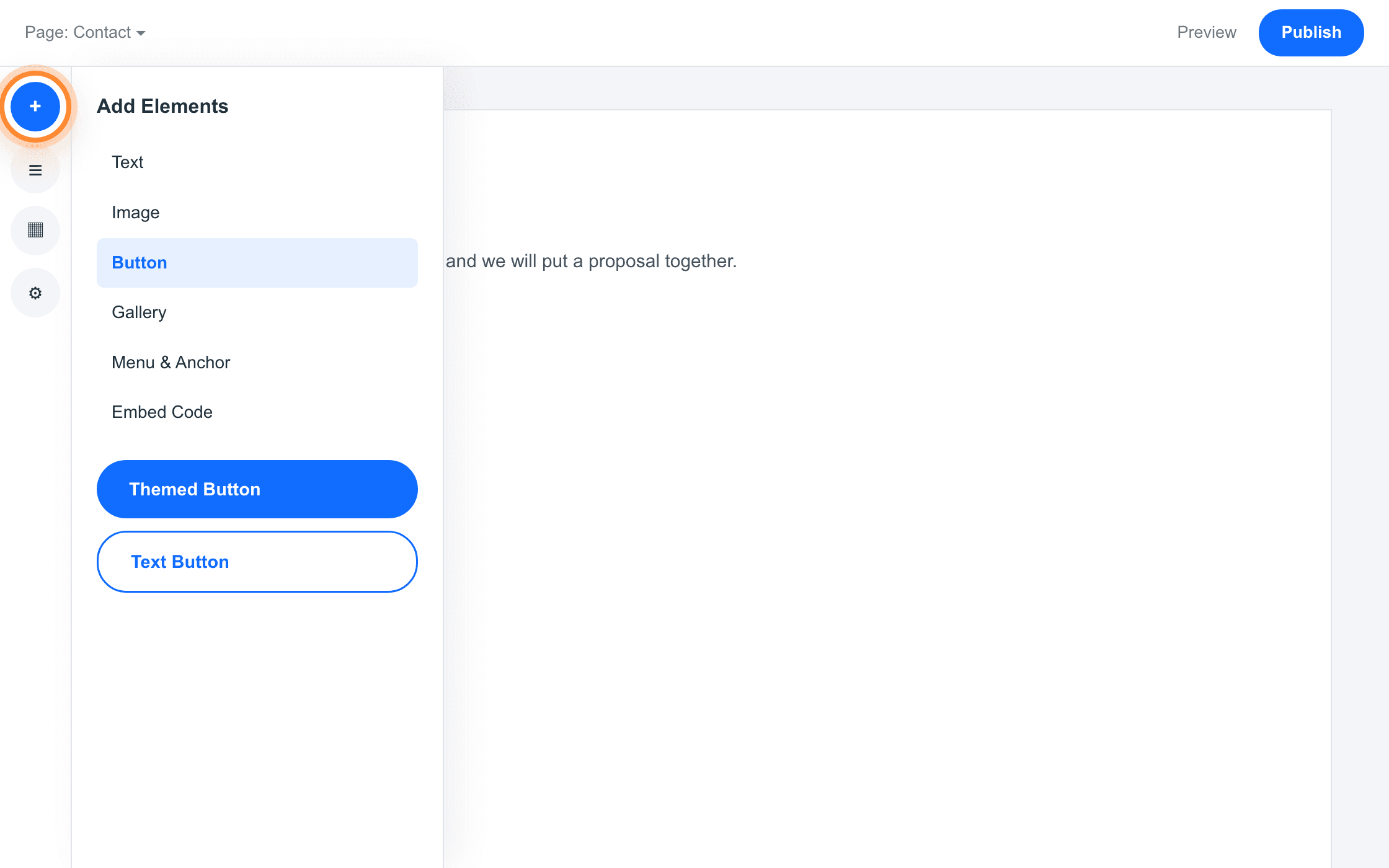 The Wix editor with the Add Elements panel open on Button, and the plus button on the left rail ringed.