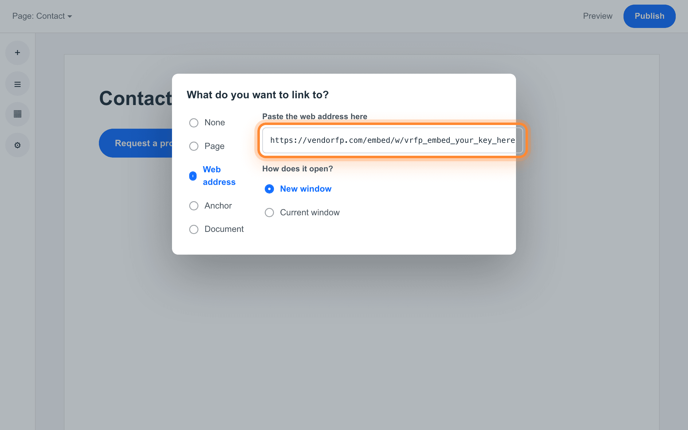 The Wix link dialog with Web address chosen and the address box, holding the hosted form address, ringed.