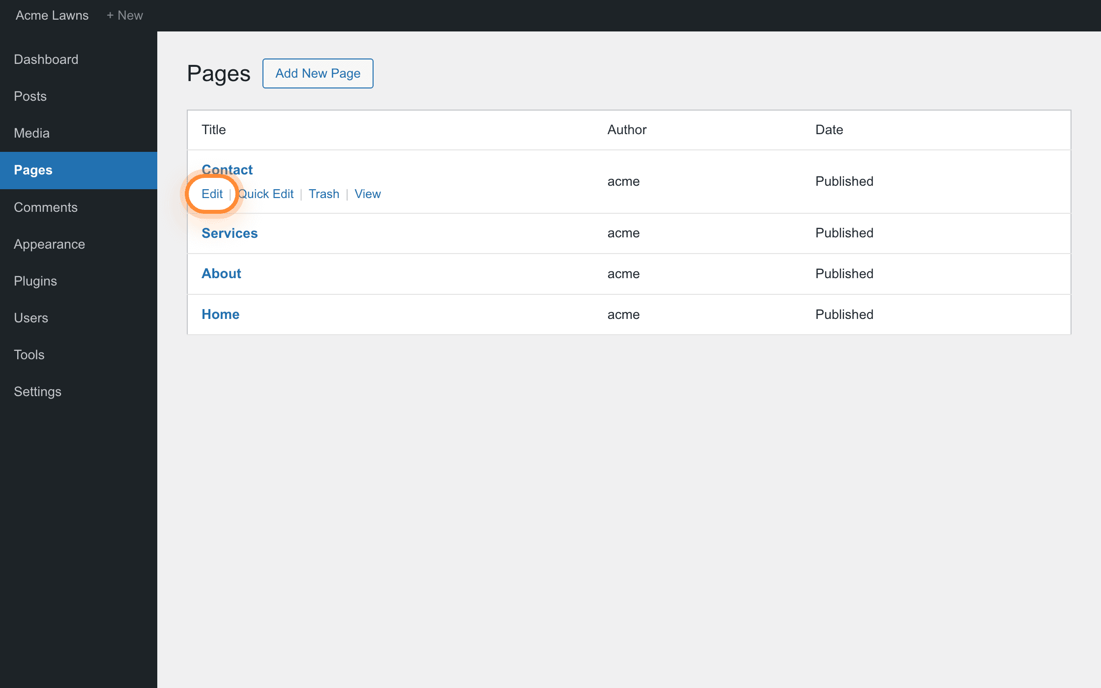 The WordPress Pages list. Under the Contact row, the Edit link is ringed.