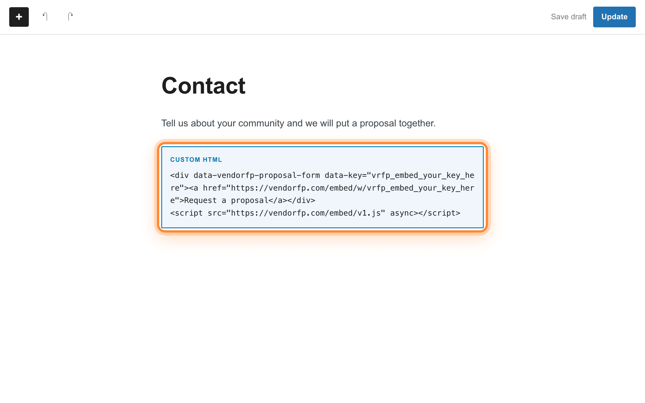 The snippet pasted into a Custom HTML block on the page, the block ringed.