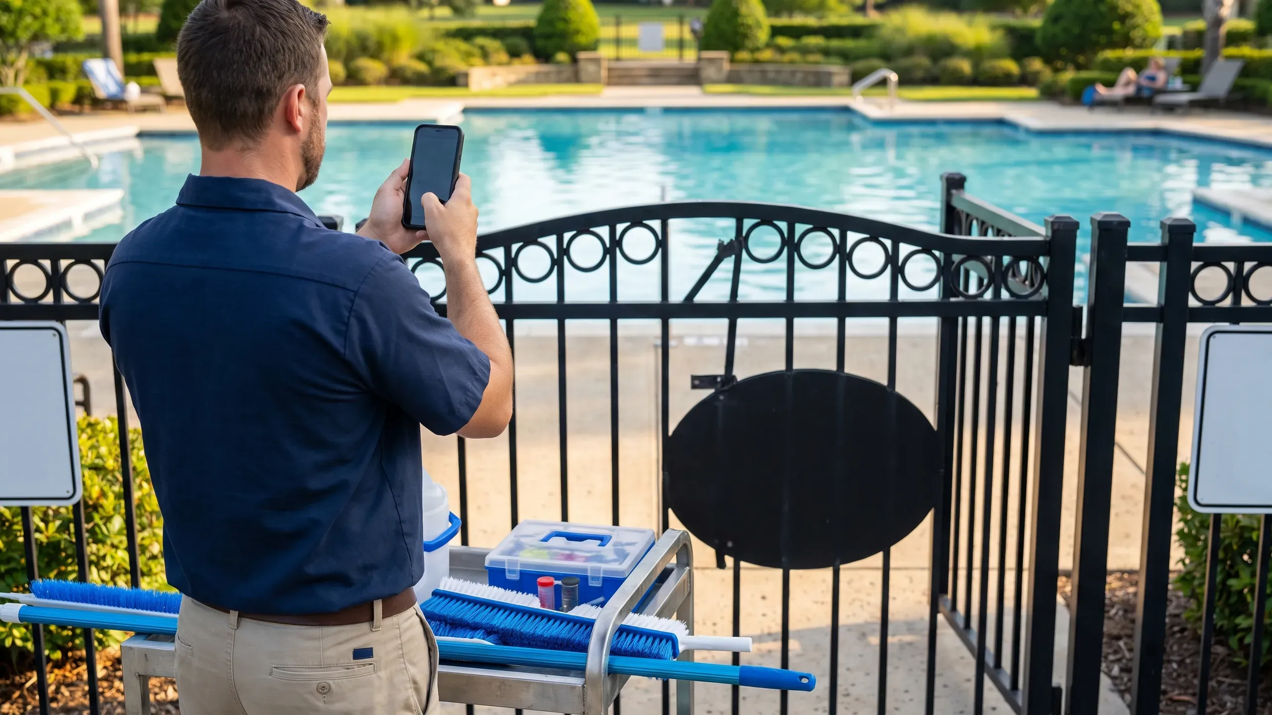 A pool technician seen from behind at a community pool gate takes an arrival photo of the pool on his phone, with a service cart of brushes and a plastic test kit beside him.