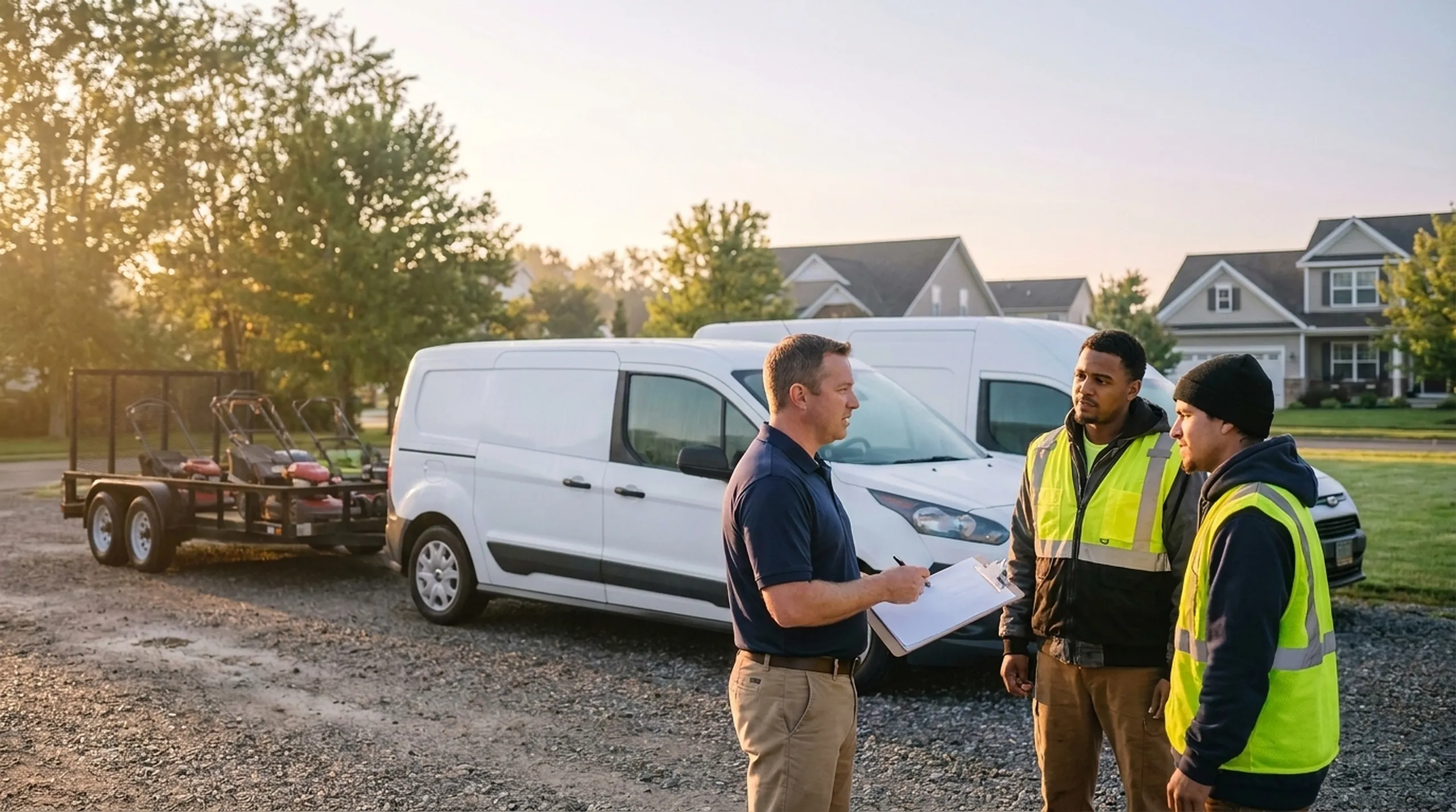 A service-company supervisor with a clipboard briefs two crew members in hi-vis vests beside plain white vans and a mower trailer at golden hour at the edge of a neighbourhood.